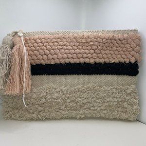 Shiraleah Chicago Clutch Peach Cream Black Pom Pom Handbag Makeup Purse